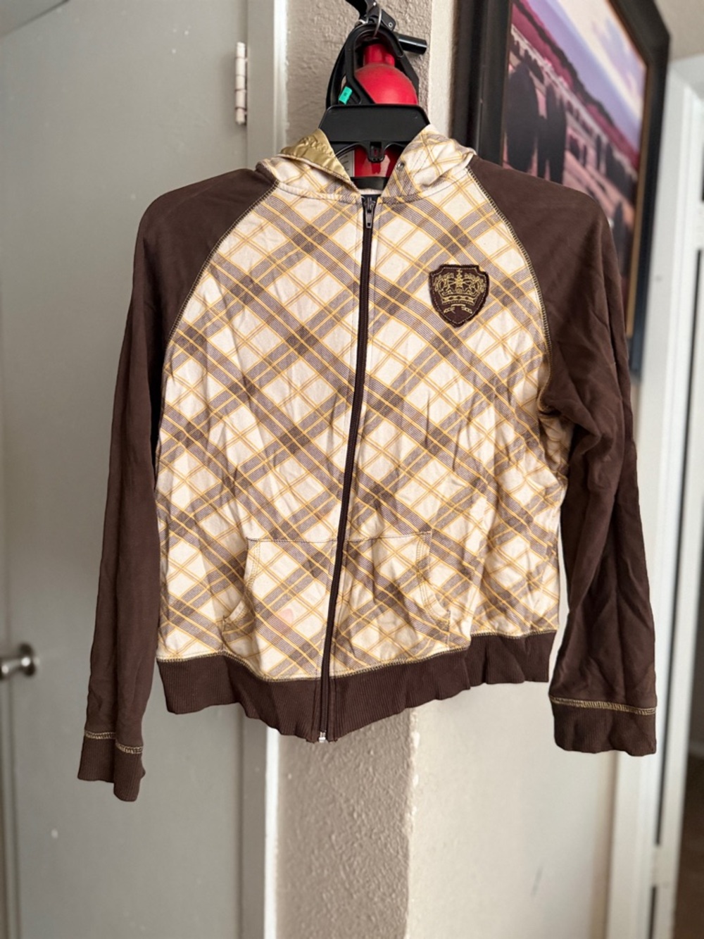 Plaid Front Zip Hoodie with Crest Detail